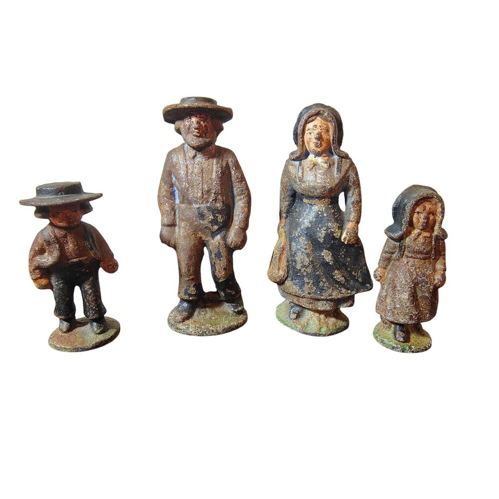 Antique Amish Family Cast Iron Figurines, Prairie, Cottagecore Girl Boy Germany